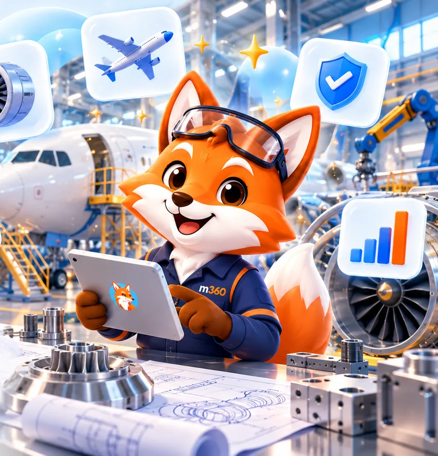 Illustrated fox engineer with an aircraft fuselage, a jet engine, blueprints and purchase orders