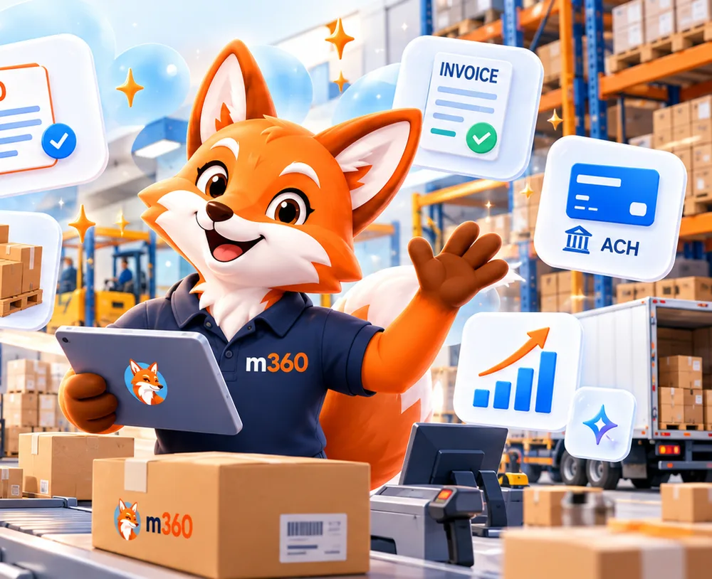Illustrated fox distributor waving in a warehouse with a purchase order, an invoice and a forklift