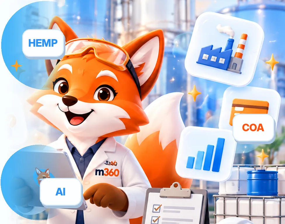 Illustrated fox specialty-store manager with lab certificates, product reviews and inventory icons
