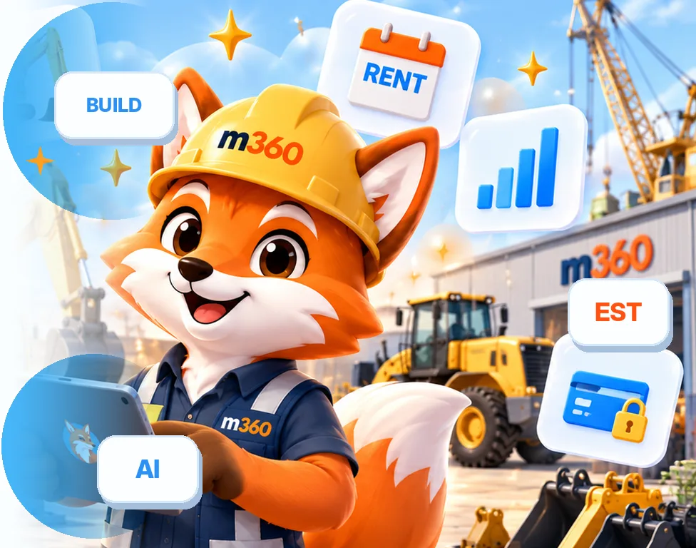 Illustrated fox foreman in a yellow hard hat with project milestones, estimates and an excavator