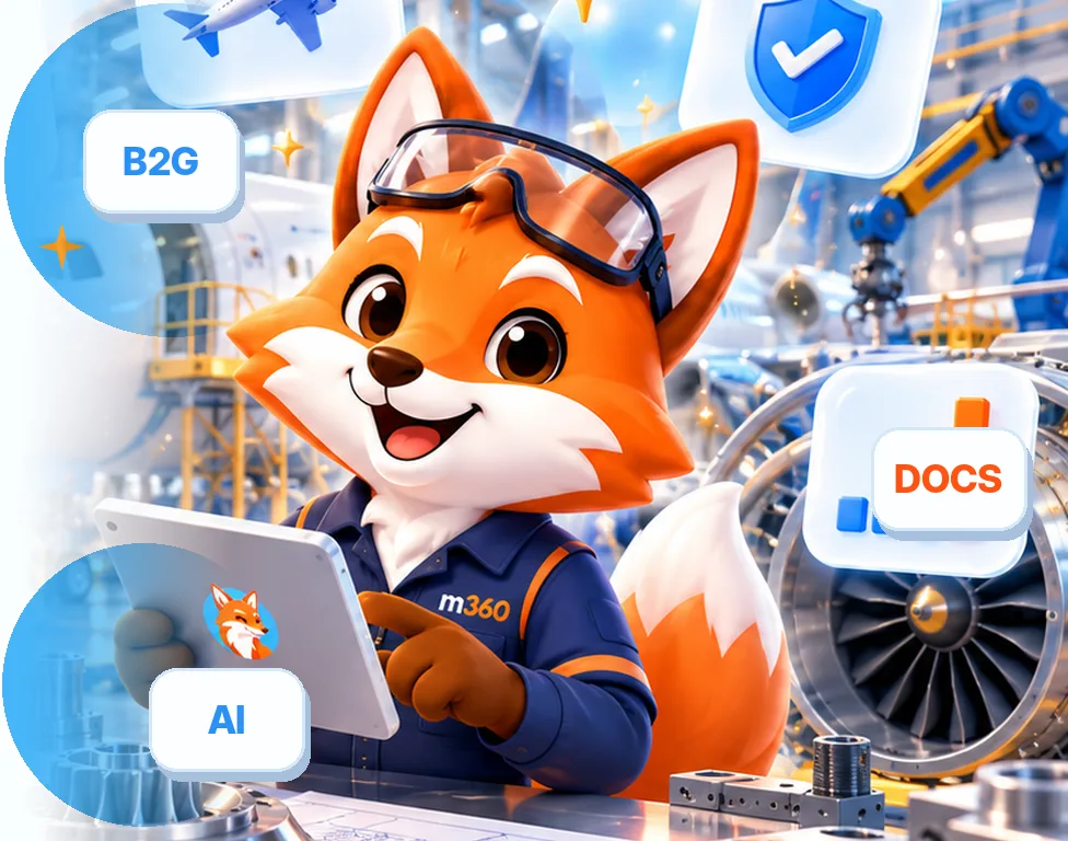 Illustrated fox contract manager with secure procurement documents in a precision shop