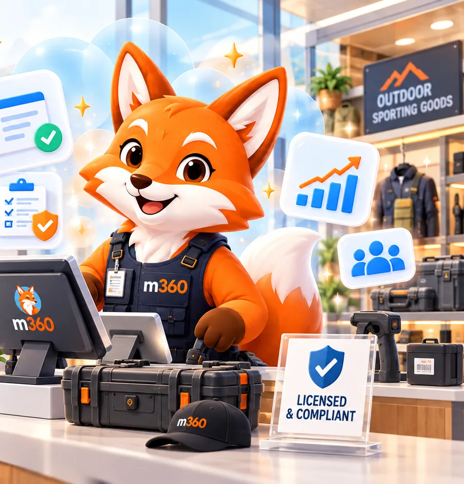 Illustrated fox retail operator at a counter with licensing checks and a secure-transfer document