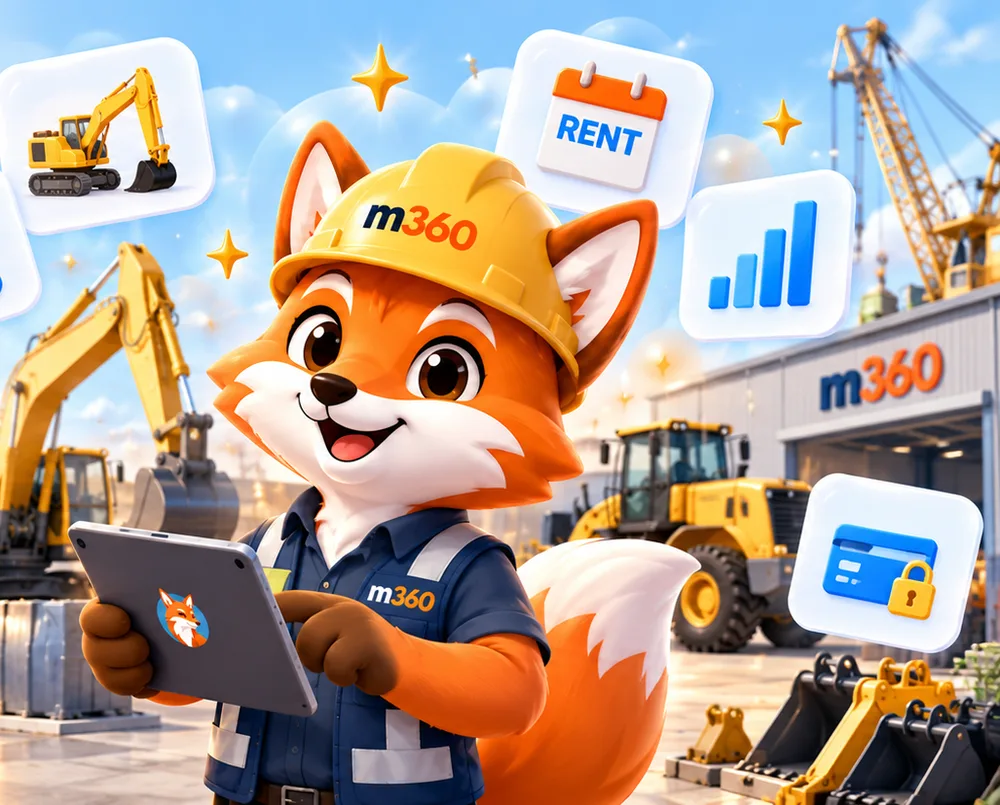 Illustrated fox equipment operator in a hard hat with an excavator, a wrench and a rental tag