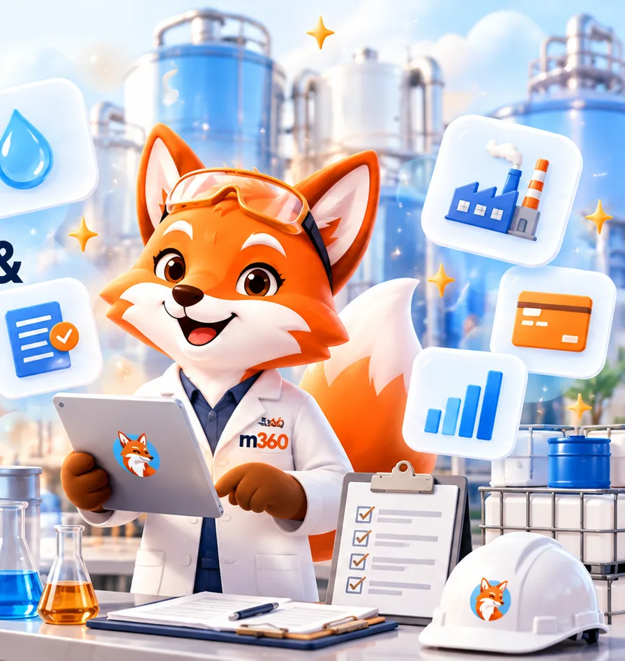 Illustrated fox industrial chemist with safety glasses, lab flasks and a documents checklist