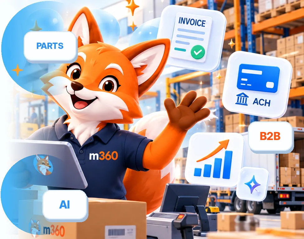Illustrated fox parts-desk manager with a technical catalog, parts and an invoice