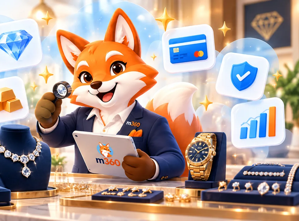 Illustrated fox jeweler with a loupe, gems, a watch and a diamond icon