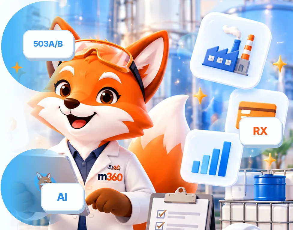 Illustrated fox pharmacist in a white coat with prescription workflow and compliance checklist icons