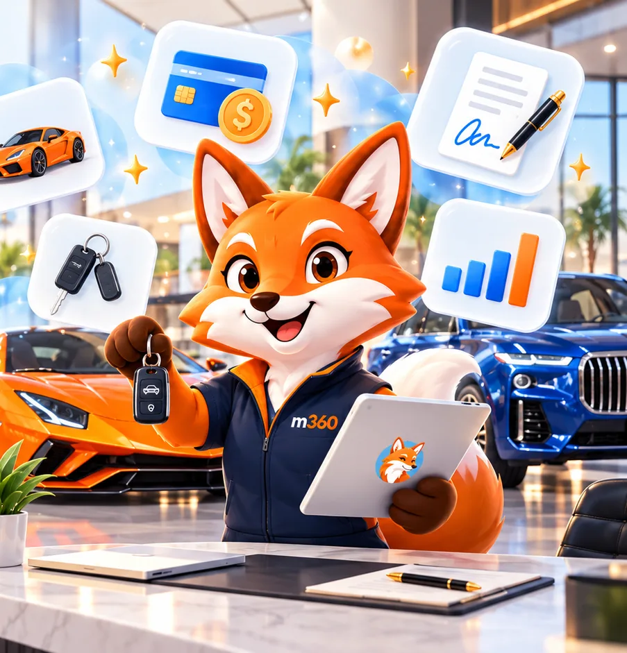 Illustrated fox auto consultant with car keys, a sports car and a deposit icon